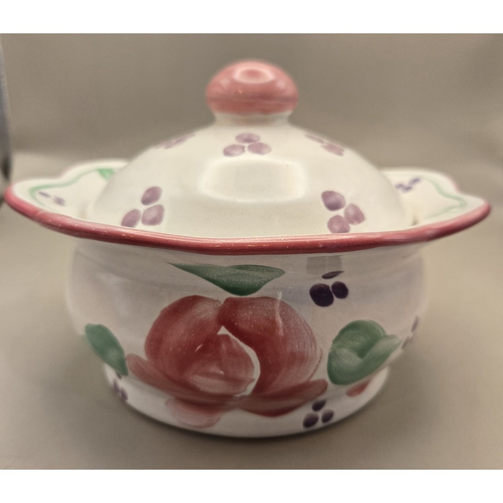 Vintage Ceramic Bowl Lid And Rosebud‎  Handle Flora Sm. Cooking Bowl. Portugal